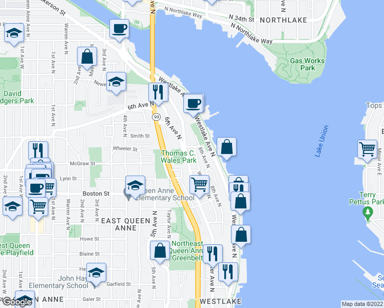 map of restaurants, bars, coffee shops, grocery stores, and more near 2419 Dexter Avenue North in Seattle