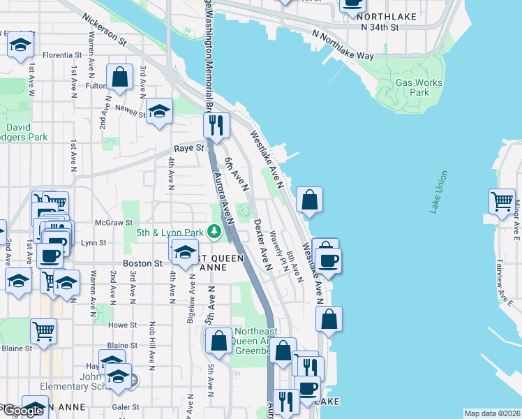 map of restaurants, bars, coffee shops, grocery stores, and more near 2419 Dexter Avenue North in Seattle