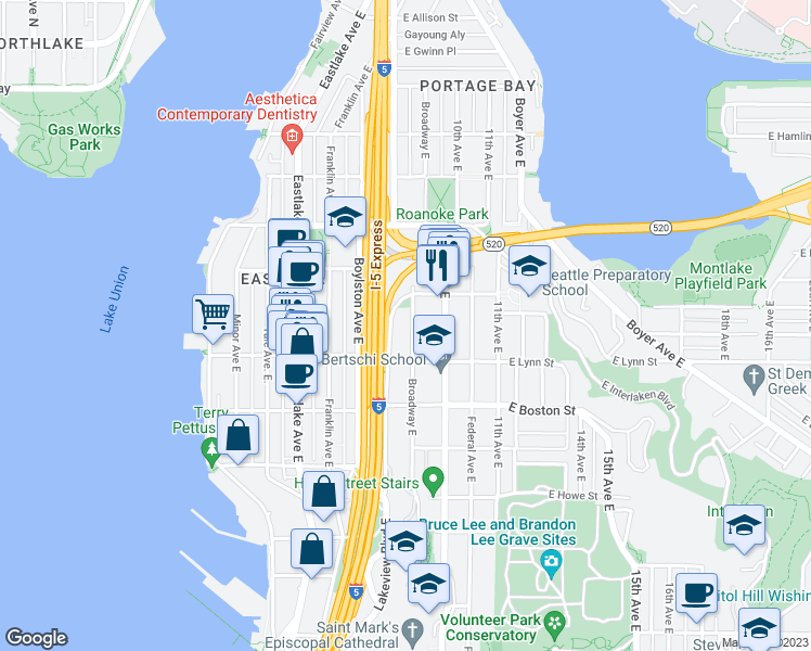 map of restaurants, bars, coffee shops, grocery stores, and more near 2324 Harvard Avenue East in Seattle