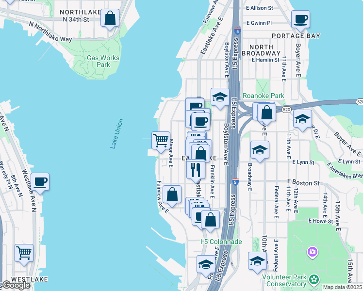 map of restaurants, bars, coffee shops, grocery stores, and more near in Seattle