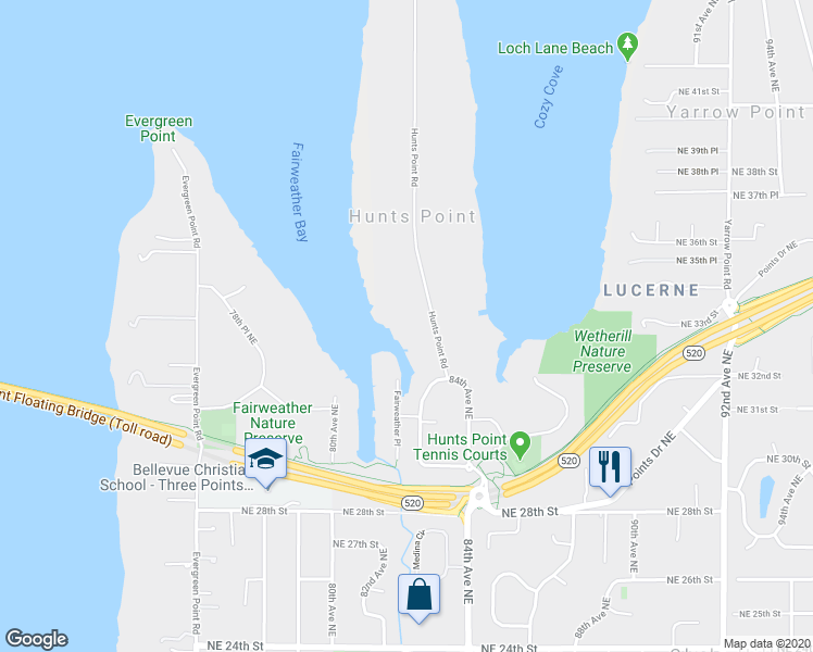 map of restaurants, bars, coffee shops, grocery stores, and more near 3253 Hunts Point Road in Hunts Point