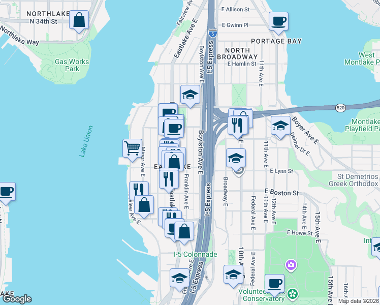 map of restaurants, bars, coffee shops, grocery stores, and more near 2303 Franklin Avenue East in Seattle