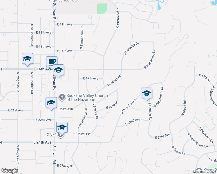 map of restaurants, bars, coffee shops, grocery stores, and more near 16027 East Radco Drive in Spokane Valley