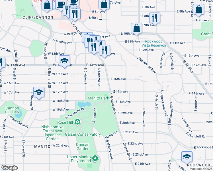 map of restaurants, bars, coffee shops, grocery stores, and more near 1636 South Grand Boulevard in Spokane