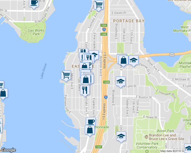 map of restaurants, bars, coffee shops, grocery stores, and more near 2303 Franklin Avenue East in Seattle