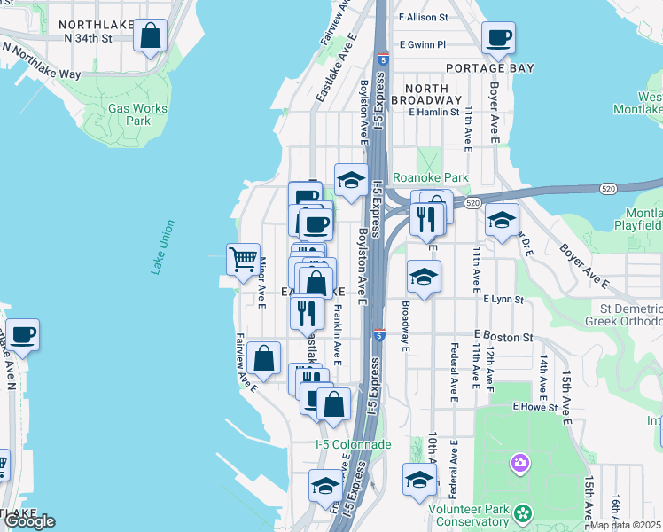 map of restaurants, bars, coffee shops, grocery stores, and more near 2303 Franklin Avenue East in Seattle