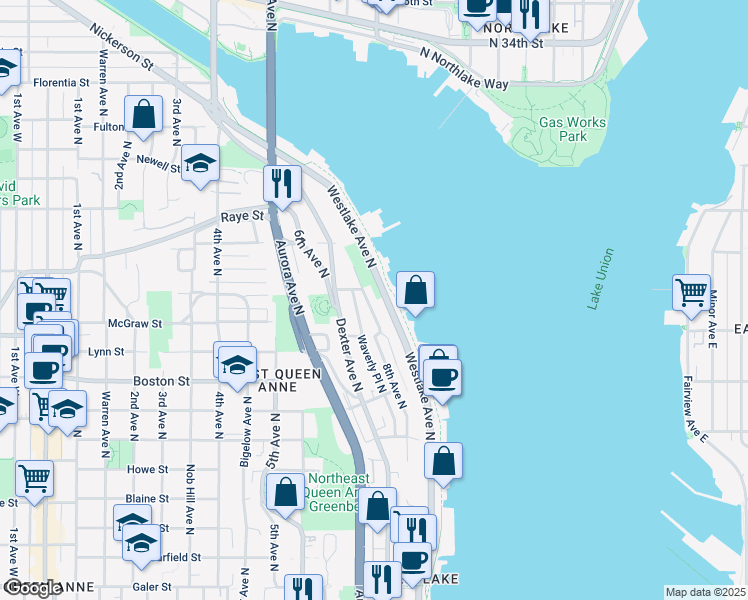 map of restaurants, bars, coffee shops, grocery stores, and more near 2415 8th Avenue North in Seattle