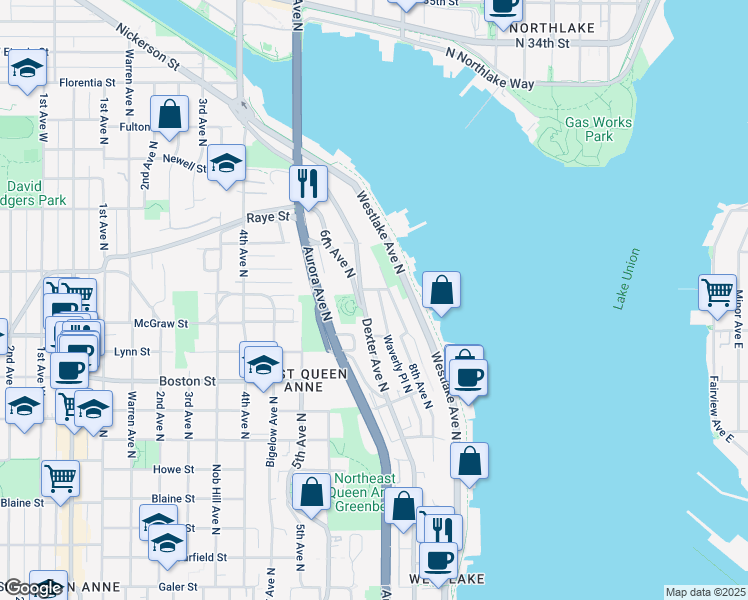 map of restaurants, bars, coffee shops, grocery stores, and more near 2419 Dexter Avenue North in Seattle