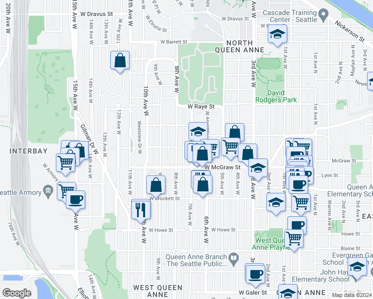 map of restaurants, bars, coffee shops, grocery stores, and more near in Seattle