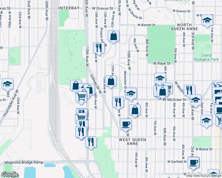 map of restaurants, bars, coffee shops, grocery stores, and more near 2245 12th Avenue West in Seattle