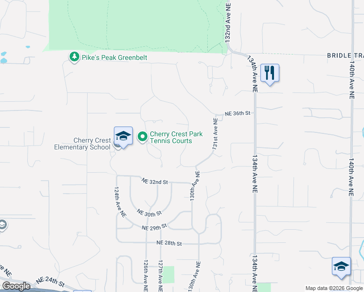 map of restaurants, bars, coffee shops, grocery stores, and more near 3315 129th Avenue Northeast in Bellevue