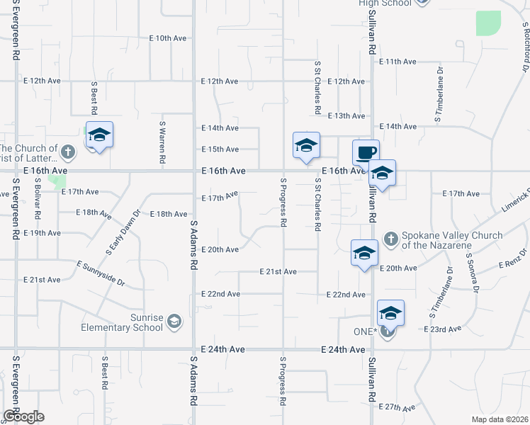 map of restaurants, bars, coffee shops, grocery stores, and more near 15016 East 20th Avenue in Spokane Valley
