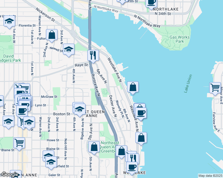 map of restaurants, bars, coffee shops, grocery stores, and more near 2419 Dexter Avenue North in Seattle