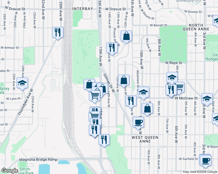 map of restaurants, bars, coffee shops, grocery stores, and more near 2253 Gilman Drive West in Seattle