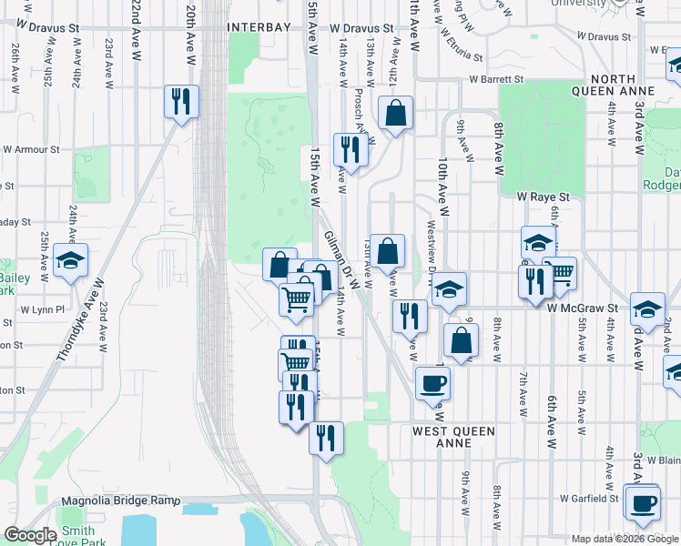 map of restaurants, bars, coffee shops, grocery stores, and more near 2253 Gilman Drive West in Seattle
