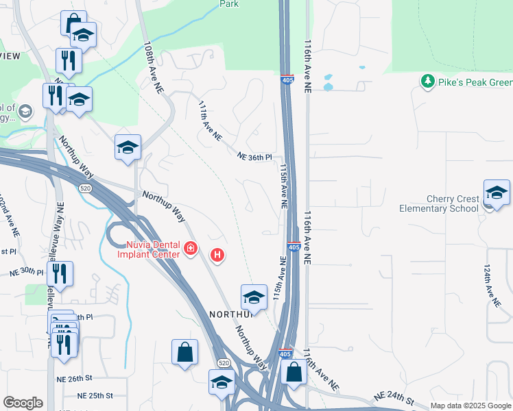 map of restaurants, bars, coffee shops, grocery stores, and more near 3345 115th Avenue Northeast in Bellevue