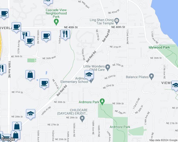 map of restaurants, bars, coffee shops, grocery stores, and more near 16753 Northeast 35th Street in Bellevue