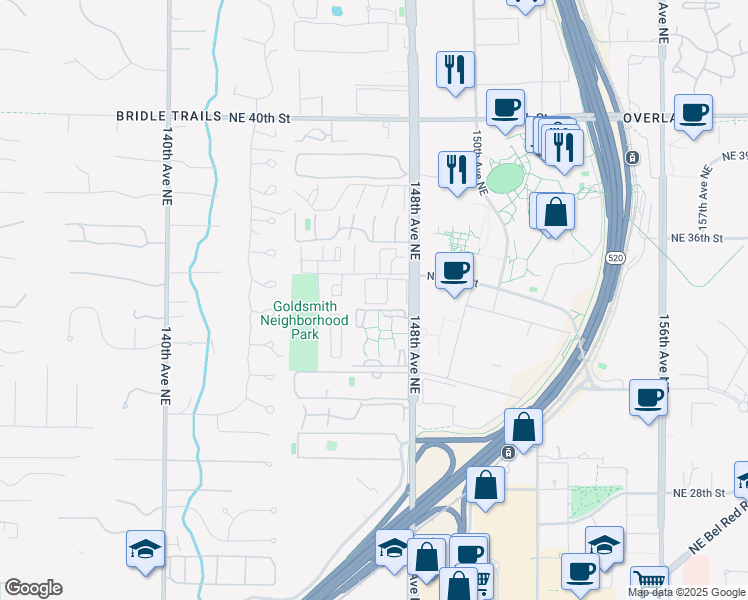 map of restaurants, bars, coffee shops, grocery stores, and more near 14635 Northeast 35th Street in Bellevue