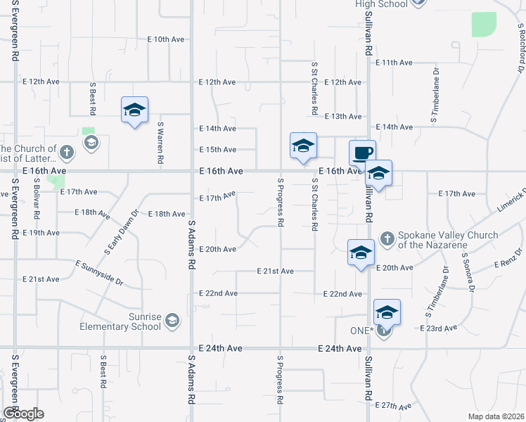 map of restaurants, bars, coffee shops, grocery stores, and more near 15016 East 20th Avenue in Spokane Valley