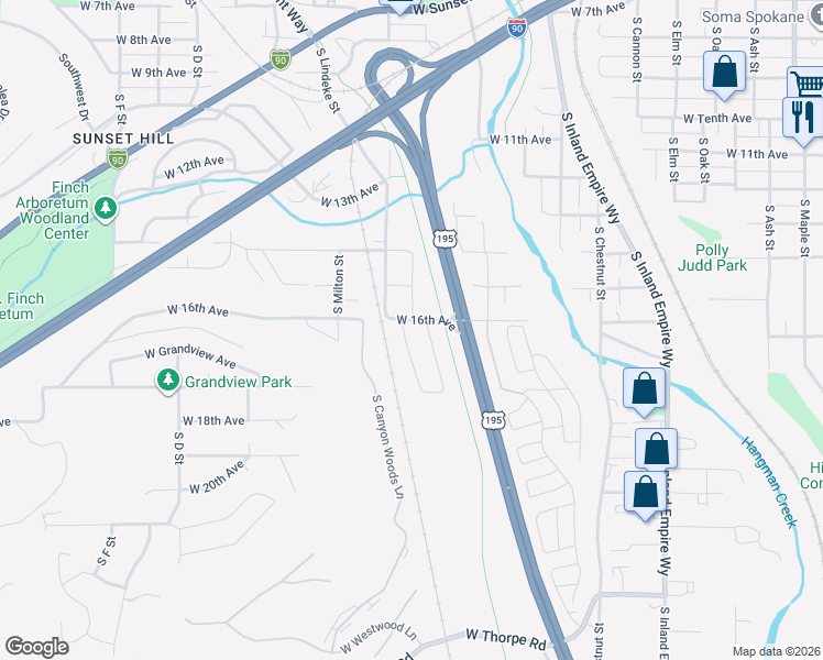 map of restaurants, bars, coffee shops, grocery stores, and more near 2551 West 15th Avenue in Spokane