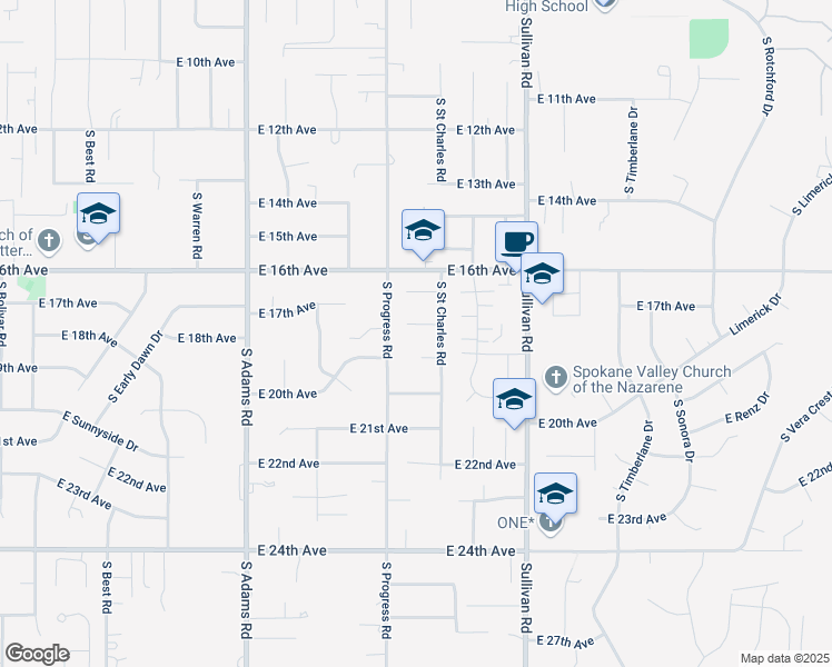 map of restaurants, bars, coffee shops, grocery stores, and more near 15214 East 17th Court in Spokane Valley