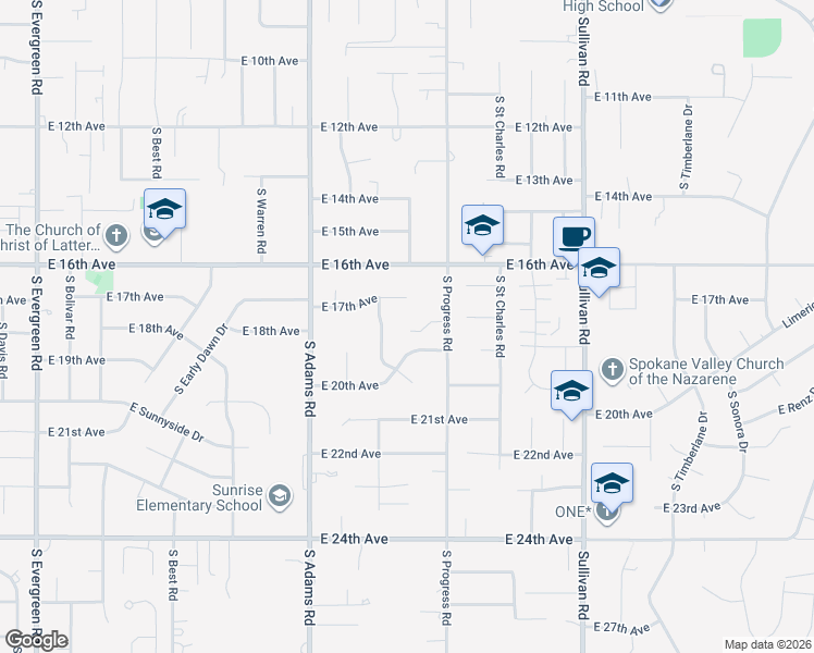 map of restaurants, bars, coffee shops, grocery stores, and more near 1716 South Progress Road in Spokane Valley