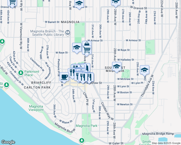map of restaurants, bars, coffee shops, grocery stores, and more near 2509 31st Avenue West in Seattle