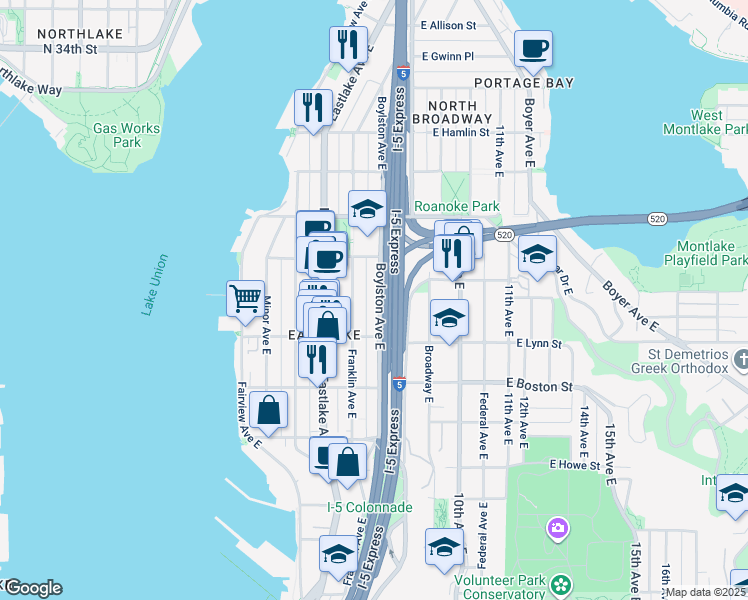 map of restaurants, bars, coffee shops, grocery stores, and more near 2403 Boylston Avenue East in Seattle