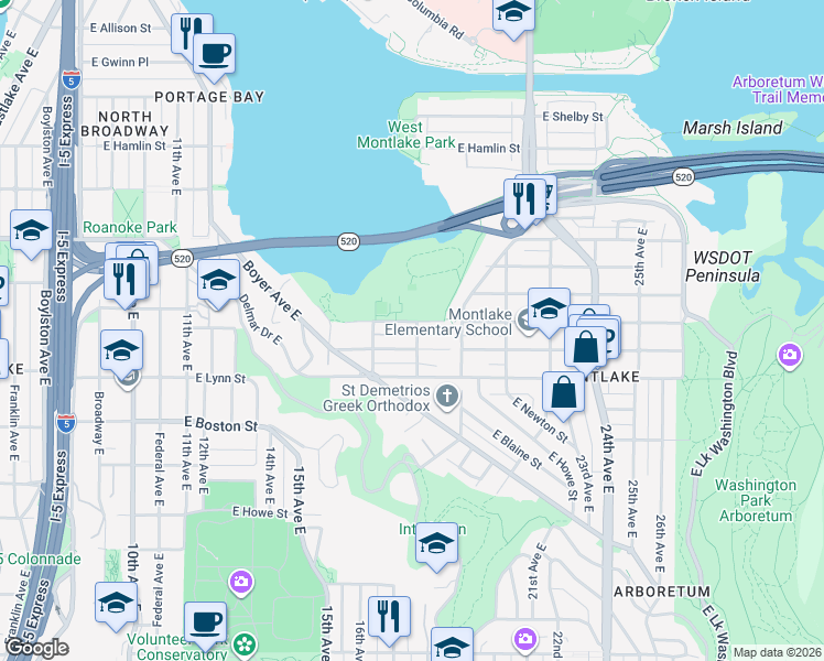 map of restaurants, bars, coffee shops, grocery stores, and more near East Calhoun Street in Seattle