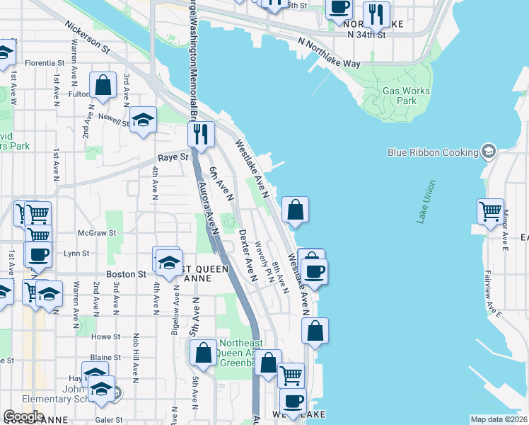 map of restaurants, bars, coffee shops, grocery stores, and more near 2201 Westlake Avenue North in Seattle