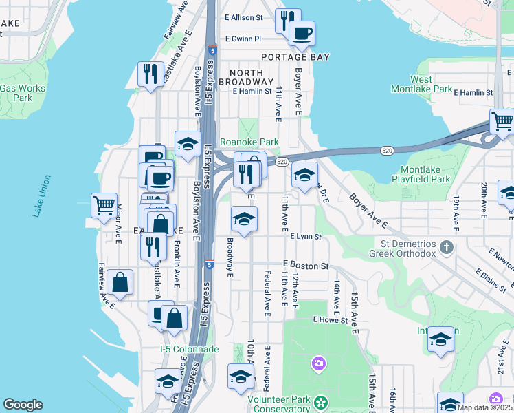 map of restaurants, bars, coffee shops, grocery stores, and more near 2402 Federal Avenue East in Seattle