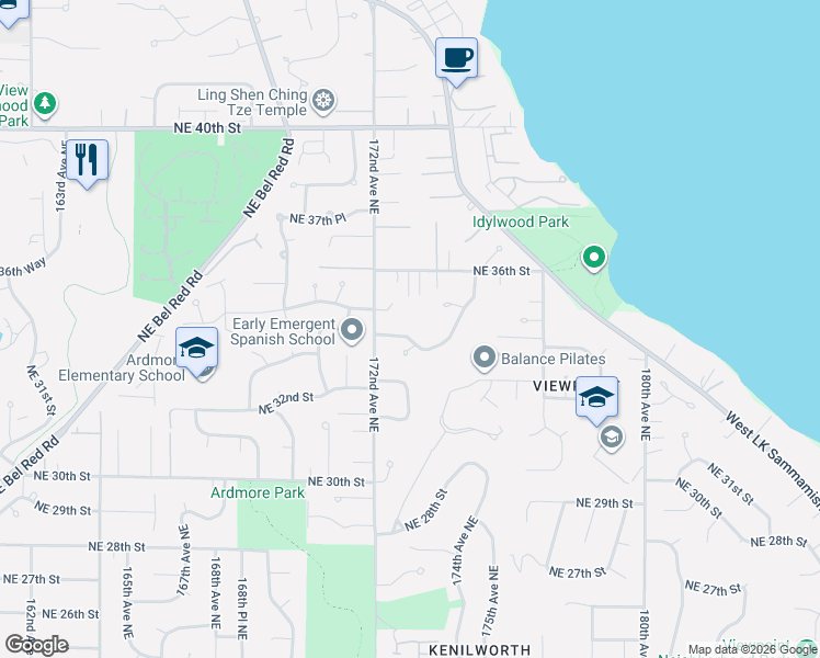 map of restaurants, bars, coffee shops, grocery stores, and more near 3522 173rd Court Northeast in Redmond