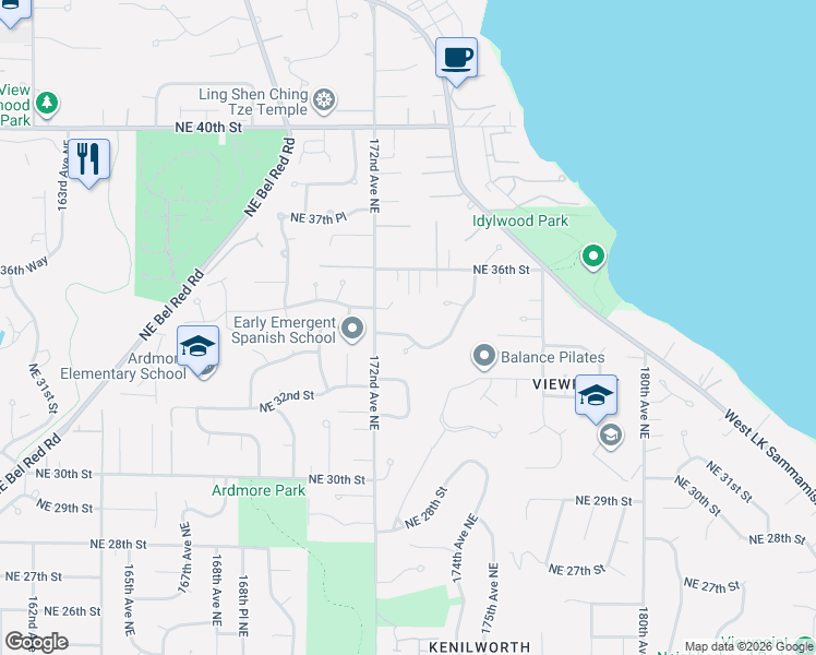 map of restaurants, bars, coffee shops, grocery stores, and more near 3522 173rd Court Northeast in Redmond