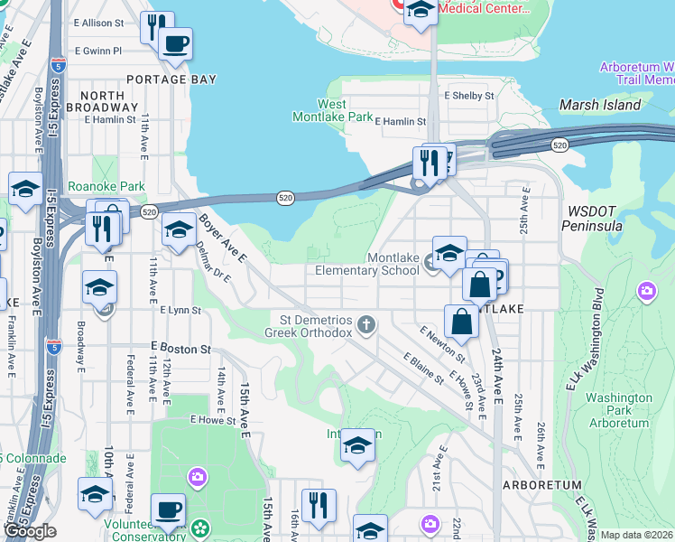 map of restaurants, bars, coffee shops, grocery stores, and more near East Calhoun Street in Seattle