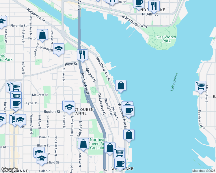 map of restaurants, bars, coffee shops, grocery stores, and more near 2201 Westlake Avenue North in Seattle