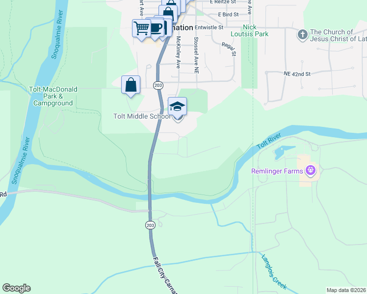 map of restaurants, bars, coffee shops, grocery stores, and more near 3639 Grace Avenue in Carnation