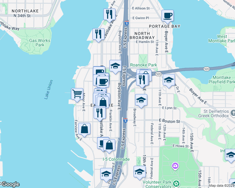 map of restaurants, bars, coffee shops, grocery stores, and more near 2403 Boylston Avenue East in Seattle