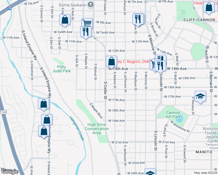 map of restaurants, bars, coffee shops, grocery stores, and more near 1318 West 16th Avenue in Spokane