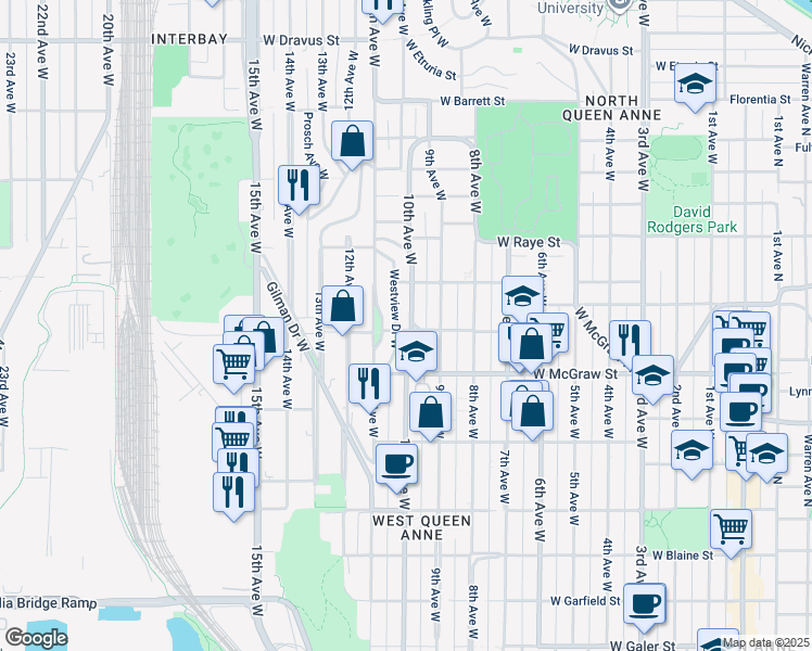 map of restaurants, bars, coffee shops, grocery stores, and more near 2507 10th Avenue West in Seattle