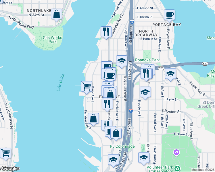 map of restaurants, bars, coffee shops, grocery stores, and more near 2366 Eastlake Avenue East in Seattle