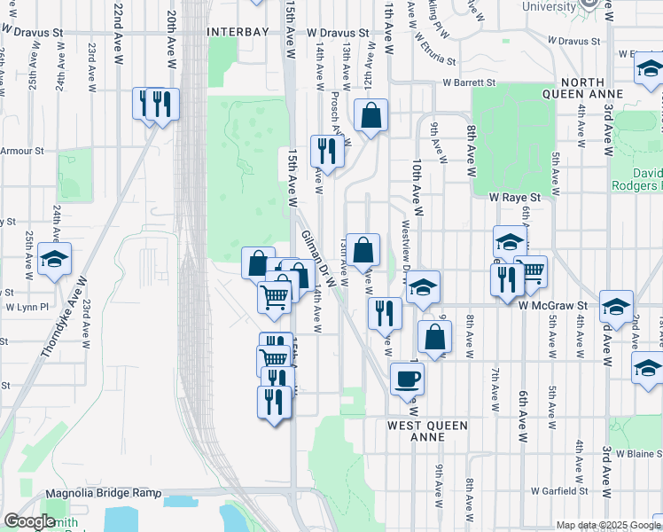 map of restaurants, bars, coffee shops, grocery stores, and more near 2500 Gilman Drive West in Seattle