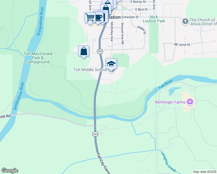 map of restaurants, bars, coffee shops, grocery stores, and more near 3615 Grace Avenue in Carnation