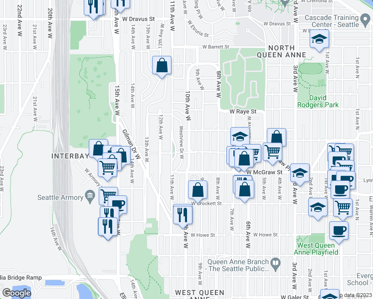 map of restaurants, bars, coffee shops, grocery stores, and more near 2507 10th Avenue West in Seattle