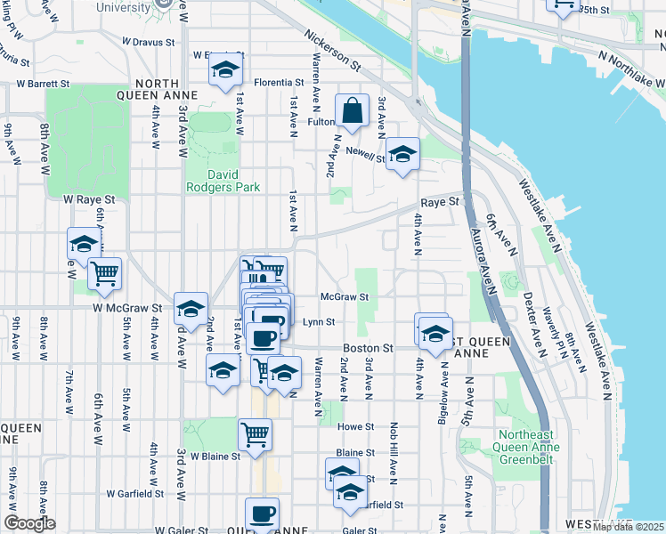 map of restaurants, bars, coffee shops, grocery stores, and more near 2506 Lorentz Place North in Seattle