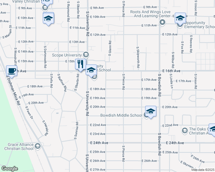 map of restaurants, bars, coffee shops, grocery stores, and more near 10905 East 18th Avenue in Spokane Valley