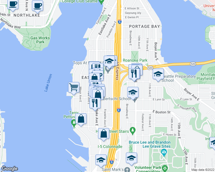 map of restaurants, bars, coffee shops, grocery stores, and more near 2359 Franklin Avenue East in Seattle
