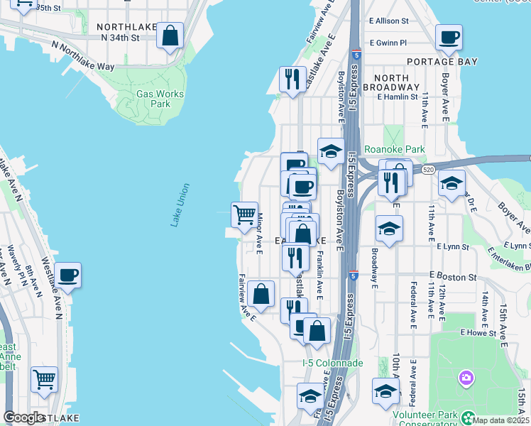 map of restaurants, bars, coffee shops, grocery stores, and more near 2356 Minor Avenue East in Seattle