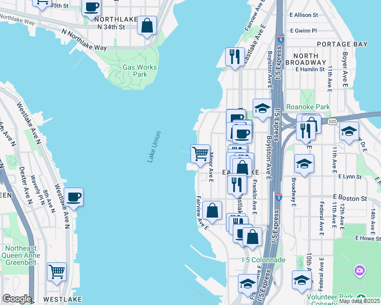 map of restaurants, bars, coffee shops, grocery stores, and more near 2368 Fairview Avenue East in Seattle