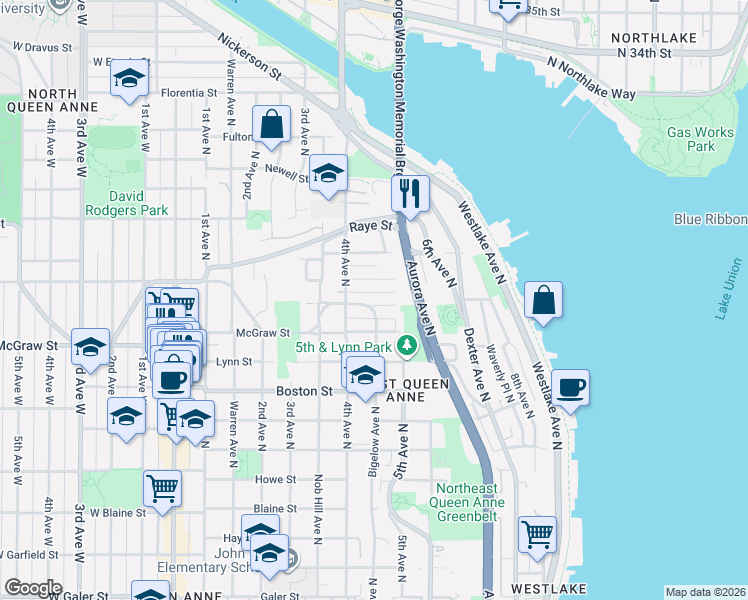 map of restaurants, bars, coffee shops, grocery stores, and more near 412 Smith Street in Seattle