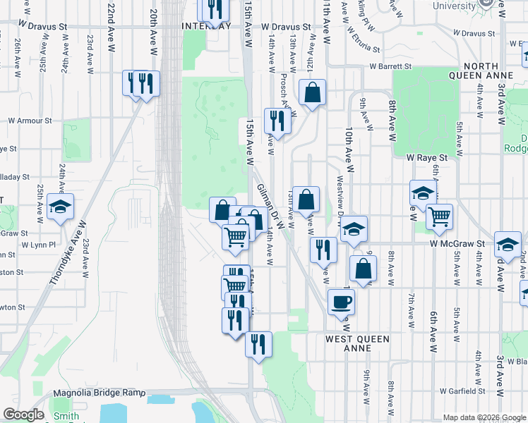 map of restaurants, bars, coffee shops, grocery stores, and more near 2530 15th Avenue West in Seattle
